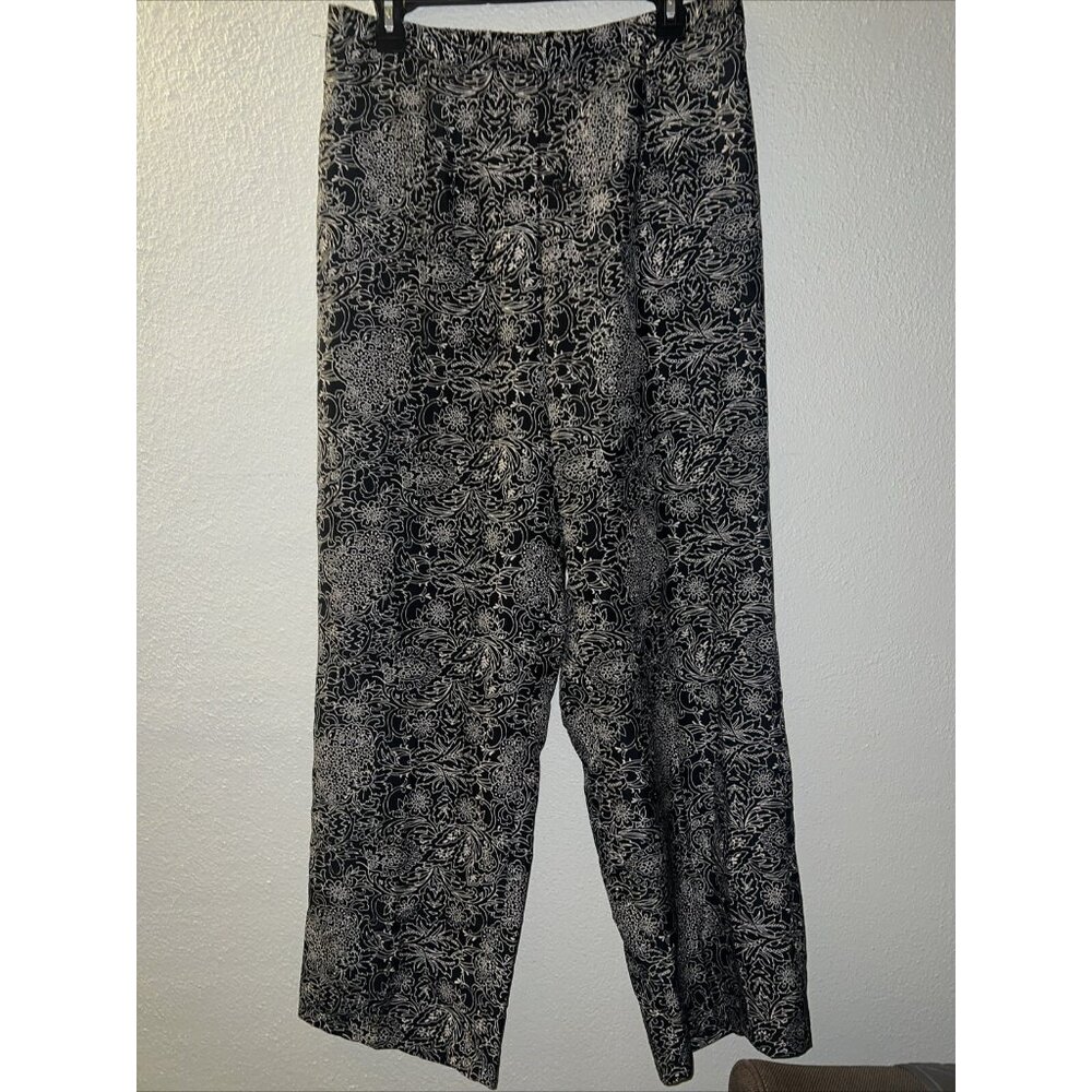 NorthStyle Black White Floral Design Pull-On Dressy Silky Pants Pockets Size L